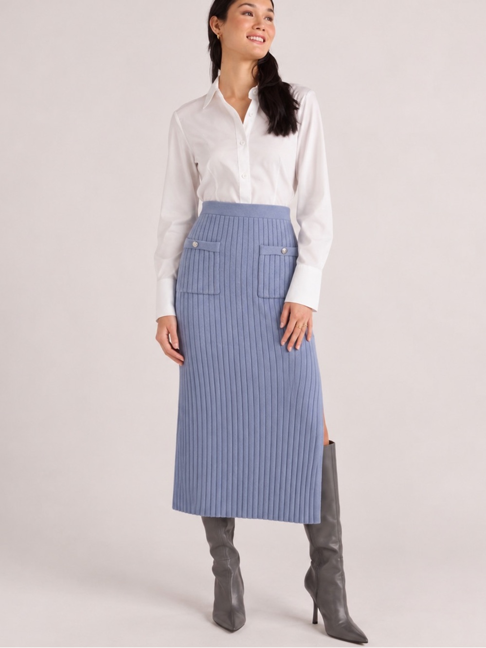 Vintage 90s Christian Lacroix Periwinkle Ribbed Knit Midi Skirt Y2K Minimalist L